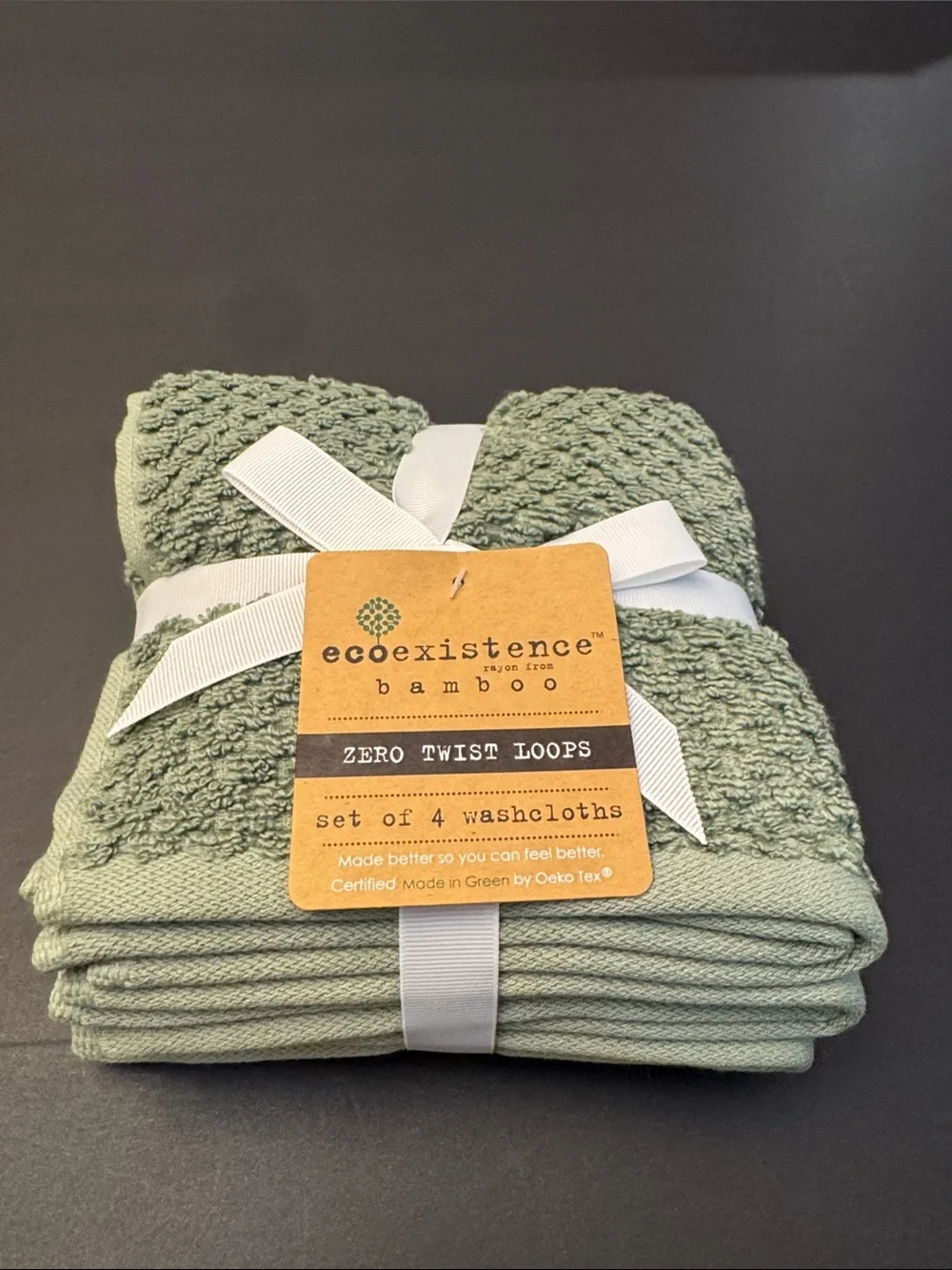 4pc ECOEXISTENCE Bamboo Zero Twist Loops Bath  Washcloth Towel Set - Oil Green